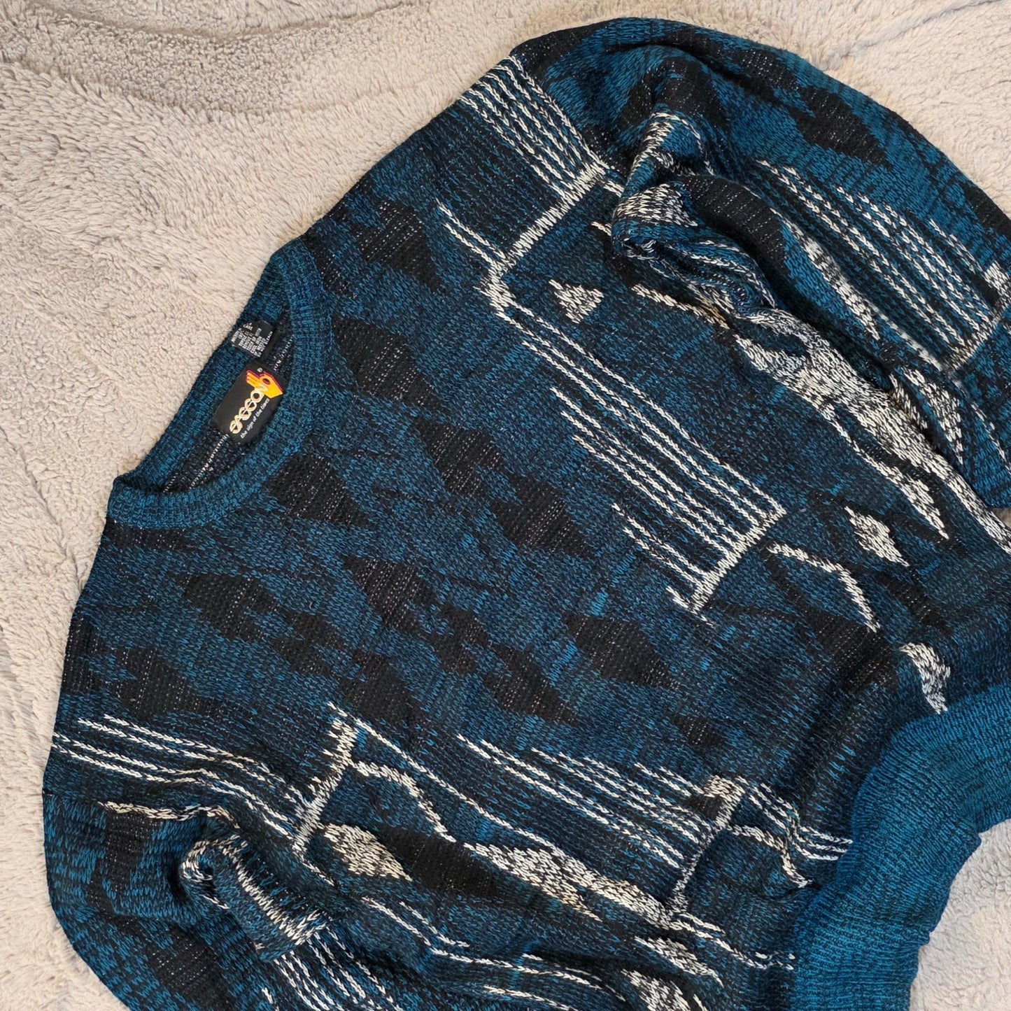 Vintage Sasson Patterned Sweater Men’s L Blue Retro 90s Knit Jumper