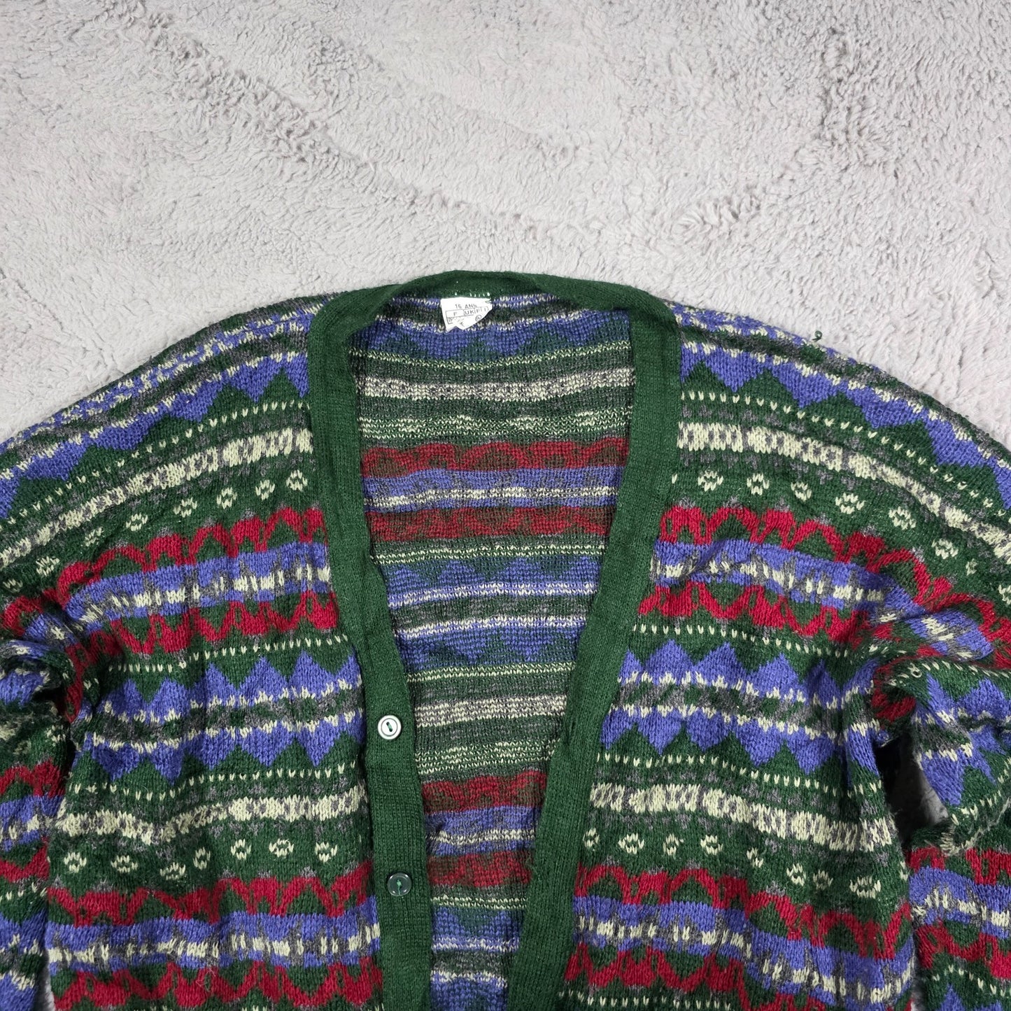 Vintage Multicolour Patterned Knit Cardigan Women’s S Green Blue Red