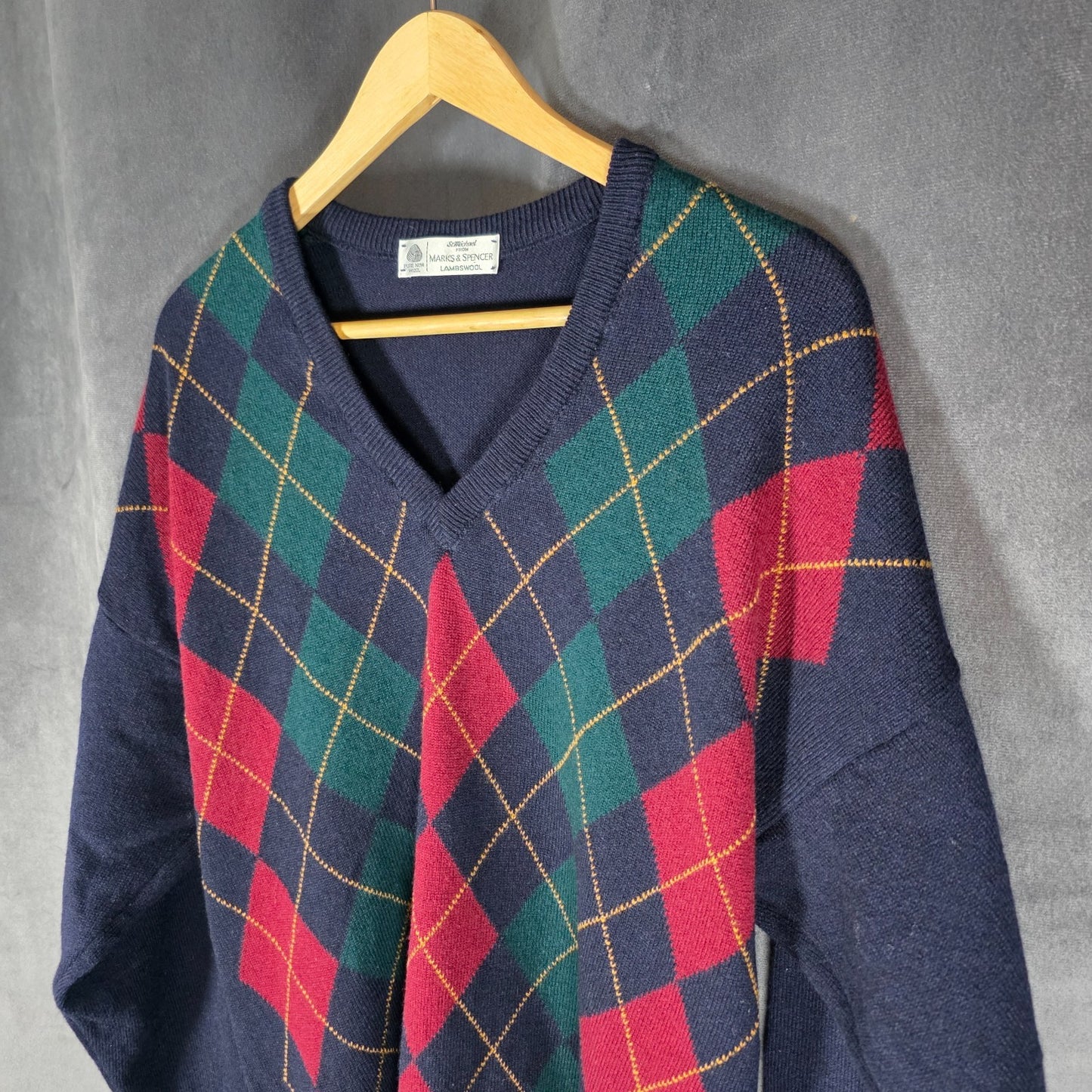 Vintage St Michael Marks & Spencer Argyle Lambswool Jumper M Navy V Neck
