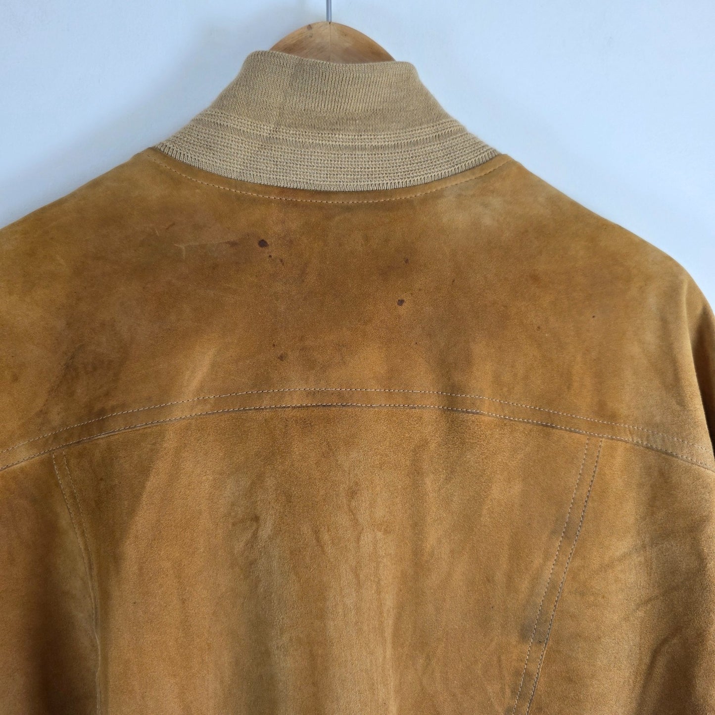 Vintage Suede Bomber Jacket Beige Mens L EU 50 Leather Classic Ribbed