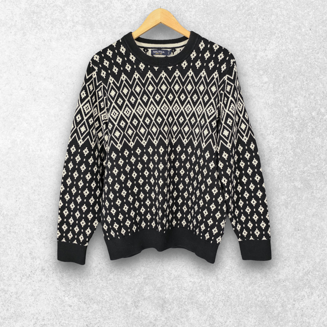 Nautica Geometric Knit Jumper Mens M Black Cream Cotton Crew Neck Pullover