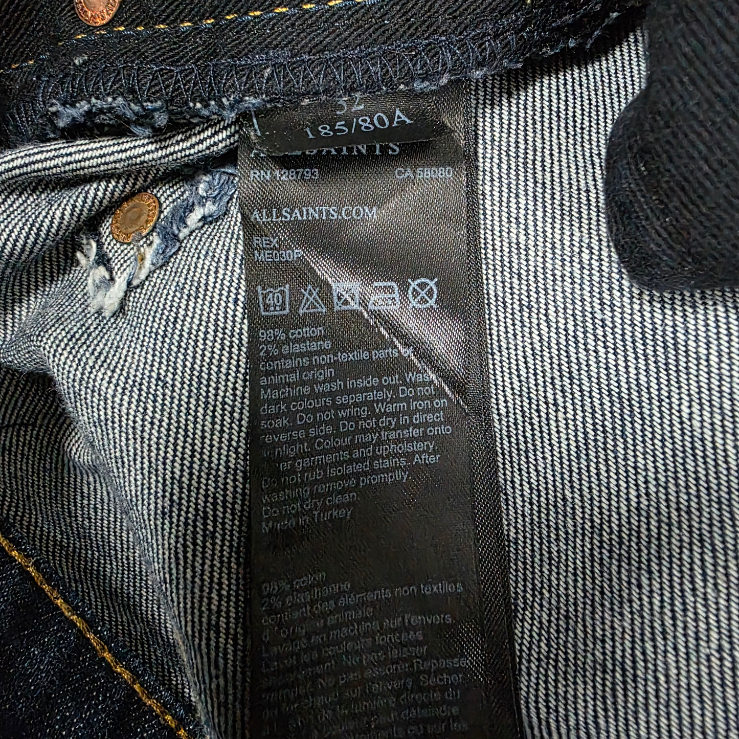 AllSaints REX Slim Jeans W32 Blue Stretch Denim Men’s Tapered Made in Turkey