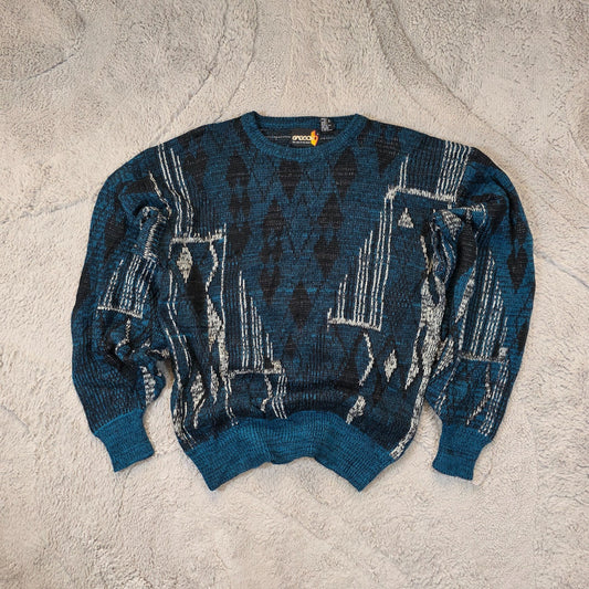 Vintage Sasson Patterned Sweater Men’s L Blue Retro 90s Knit Jumper