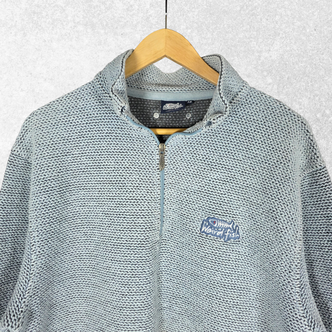 Weird Fish 1/4 Zip Pullover Men’s Medium Blue Textured Knit Sweatshirt