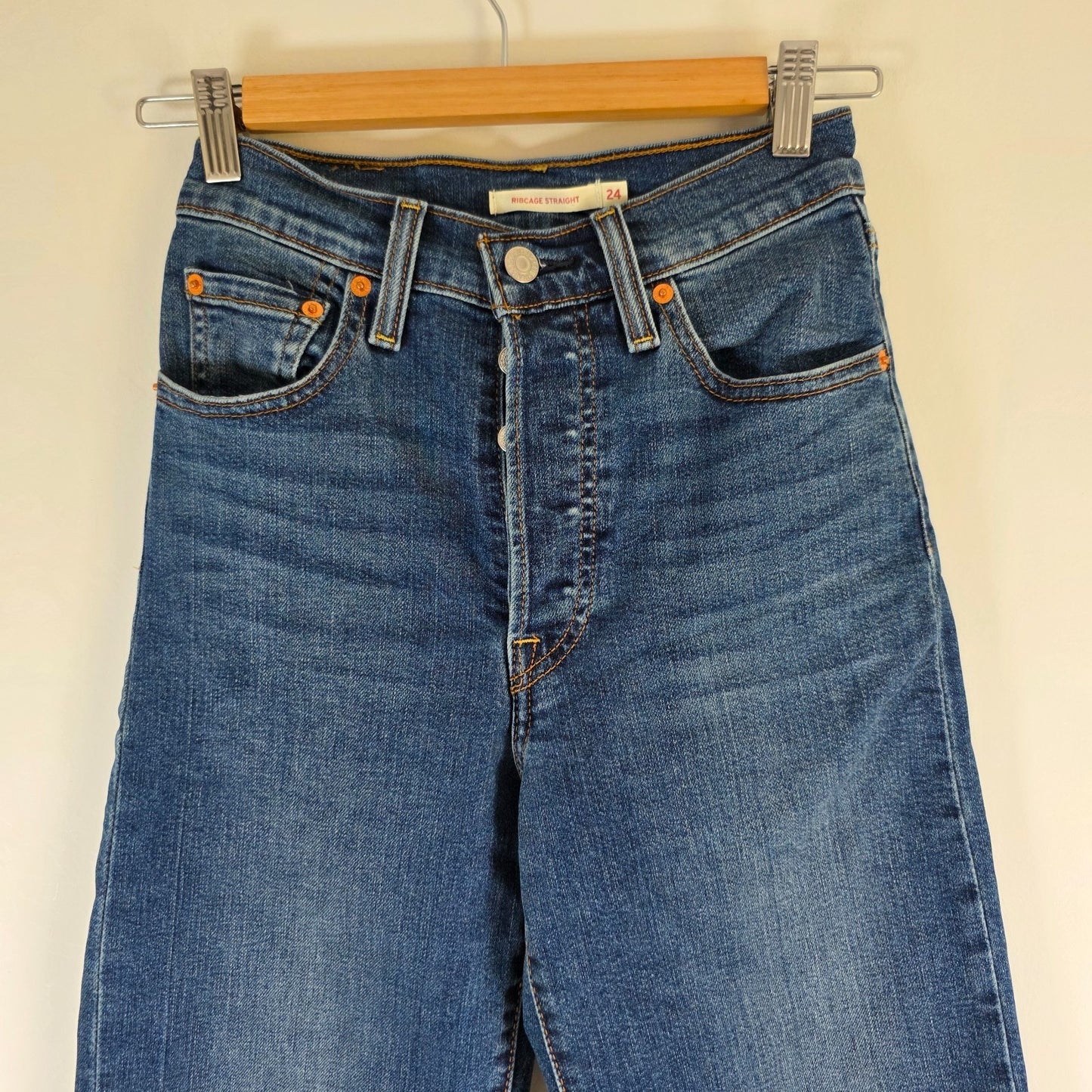 Levi's Ribcage Straight Jeans Women's W24 L30 Blue High Rise Stretch Denim Butto