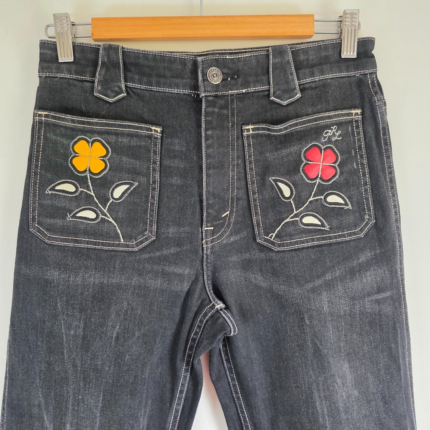 Polo Ralph Lauren Floral Pocket Bootcut Jeans W27 L30 Black Stretch Denim Y2K