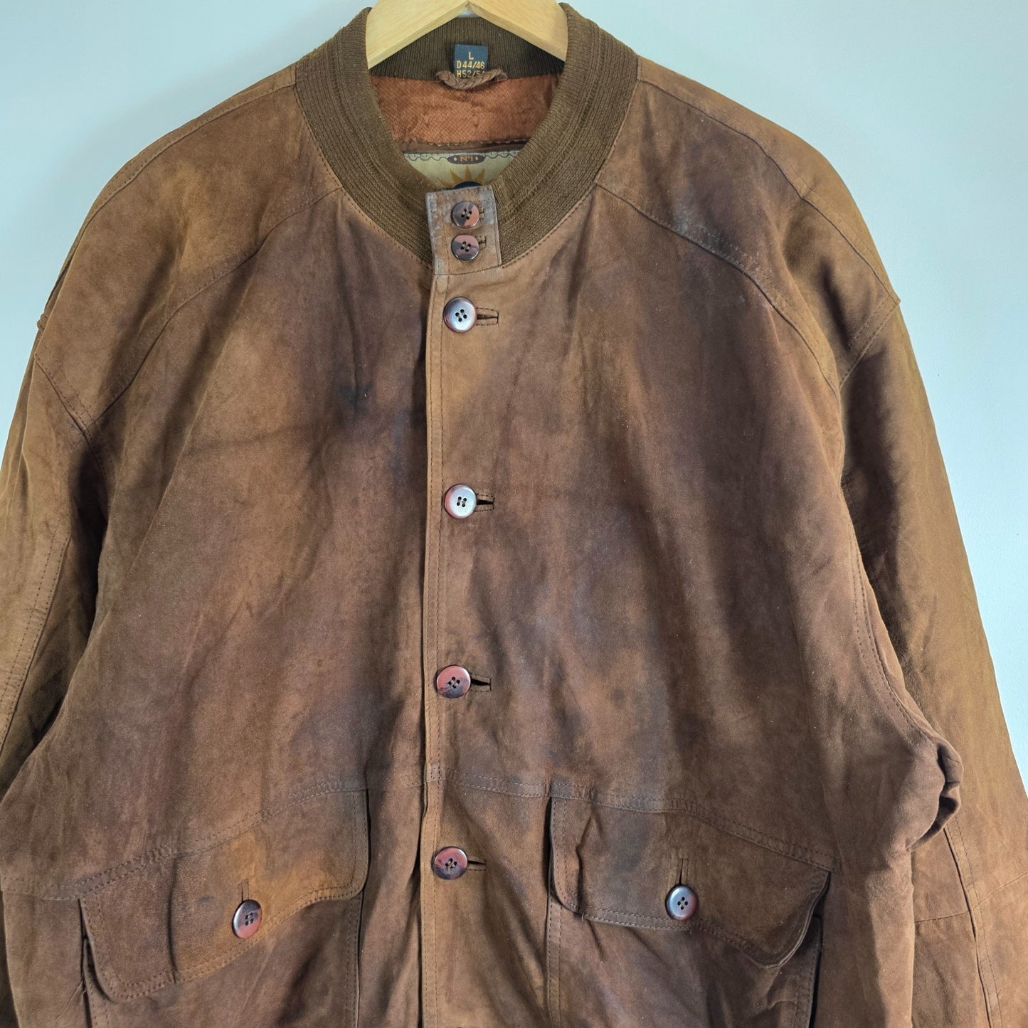 Vintage Suede Bomber Jacket Brown Mens L Germany Leather Classic Ribbed