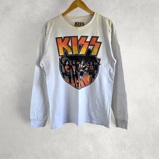 KISS Classic Rock Long Sleeve Band Tee White Graphic Music Shirt Size L