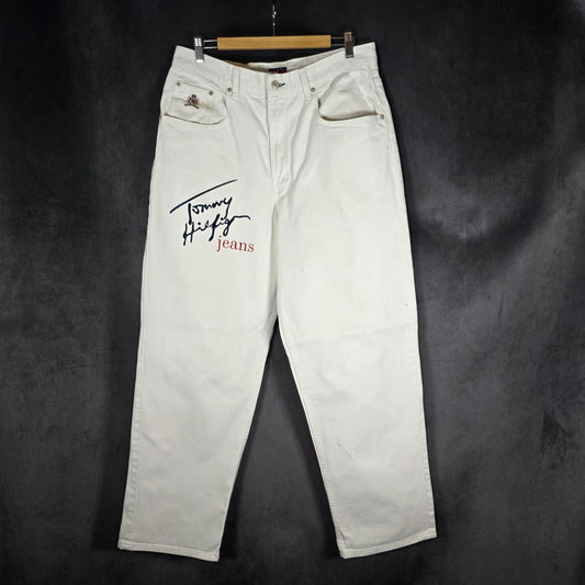 Tommy Hilfiger Vintage White Logo Jeans W32 L34 Relaxed Fit 90s Denim