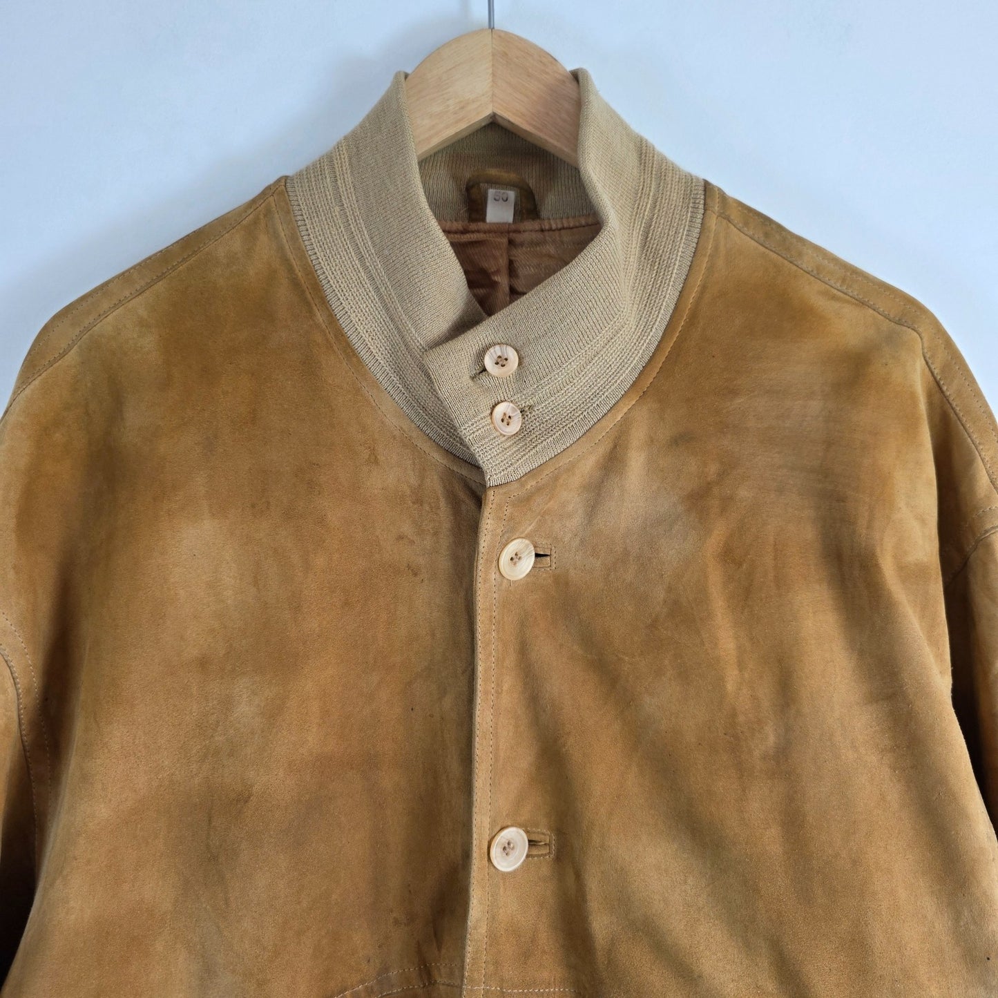 Vintage Suede Bomber Jacket Beige Mens L EU 50 Leather Classic Ribbed