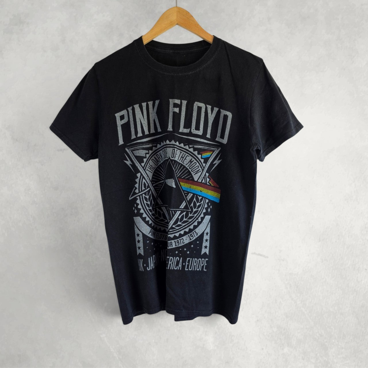 Pink Floyd Dark Side Of The Moon Band T Shirt Womens UK 12 14 Black Graphic Tee