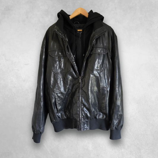Buffalo David Bitton Faux Leather Jacket Hoodie Black XL Biker Men's