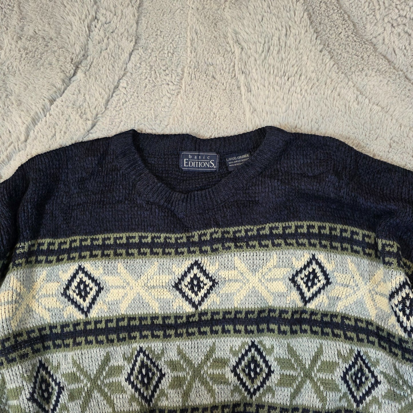 Vintage Basic Editions Patterned Knit Sweater Men’s Large Retro Pullover