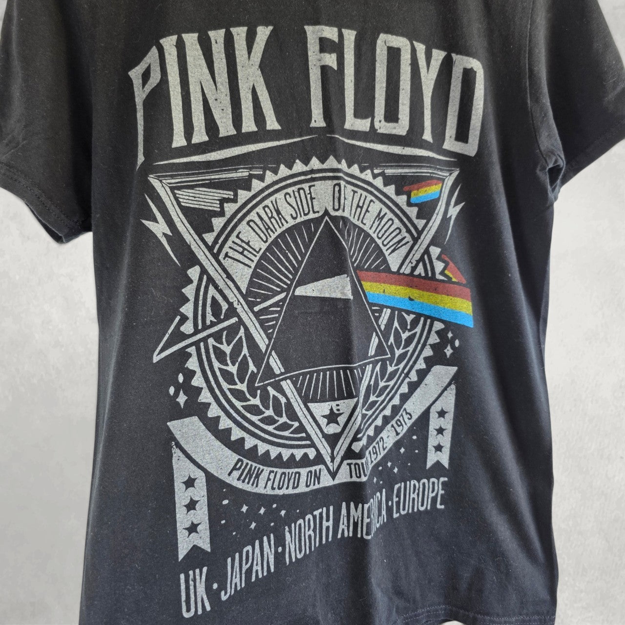 Pink Floyd Dark Side Of The Moon Band T Shirt Womens UK 12 14 Black Graphic Tee