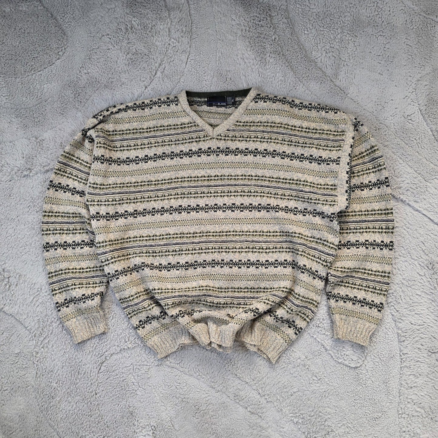 Vintage Bill Blass Knit Sweater Men’s XL Beige Stripe Cotton USA Made
