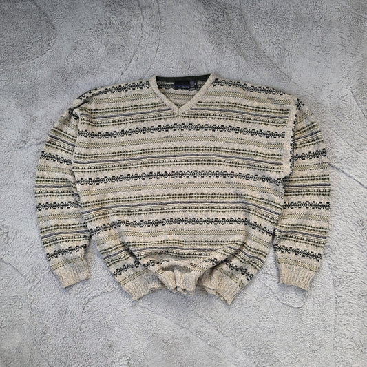Vintage Bill Blass Knit Sweater Men’s XL Beige Stripe Cotton USA Made
