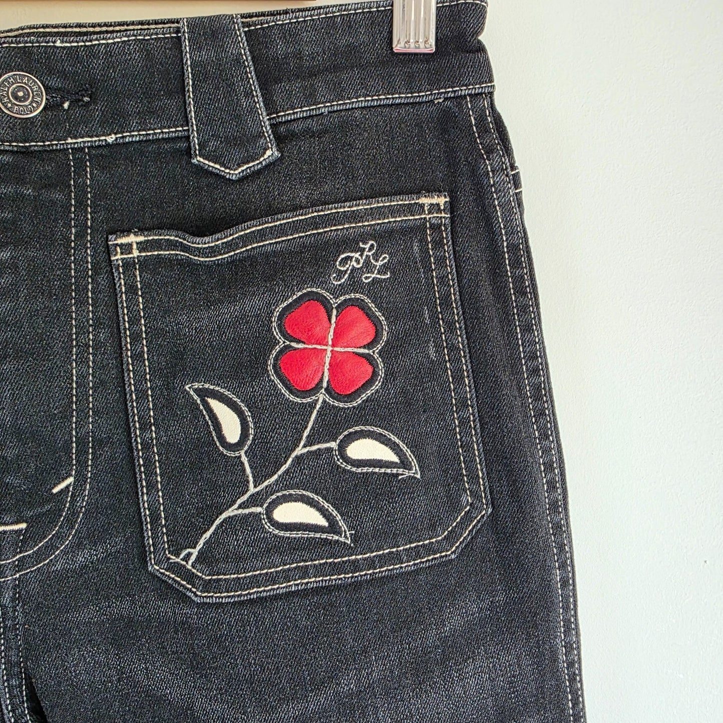 Polo Ralph Lauren Floral Pocket Bootcut Jeans W27 L30 Black Stretch Denim Y2K