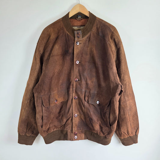 Vintage Suede Bomber Jacket Brown Mens L Germany Leather Classic Ribbed