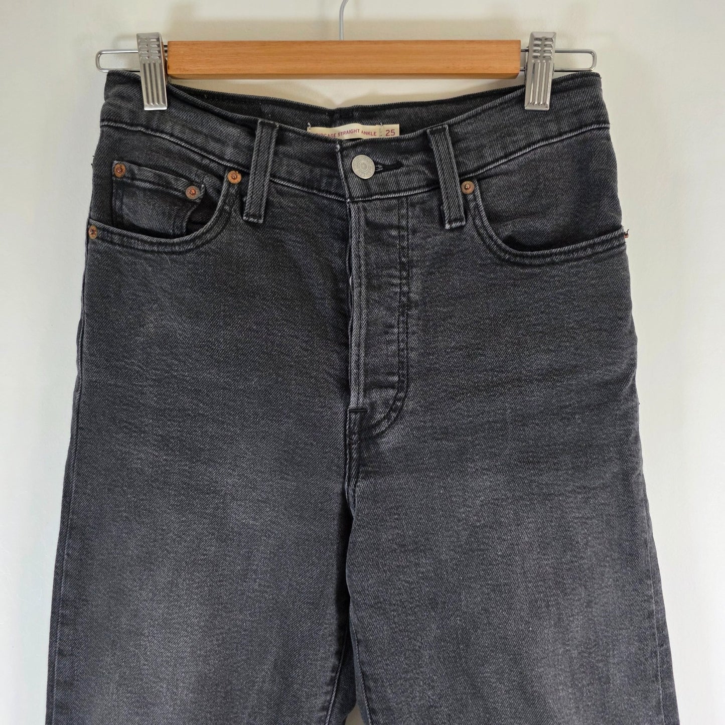 Levi's Ribcage Straight Ankle Jeans Women's W25 L29 Black Grey High Rise Stretch