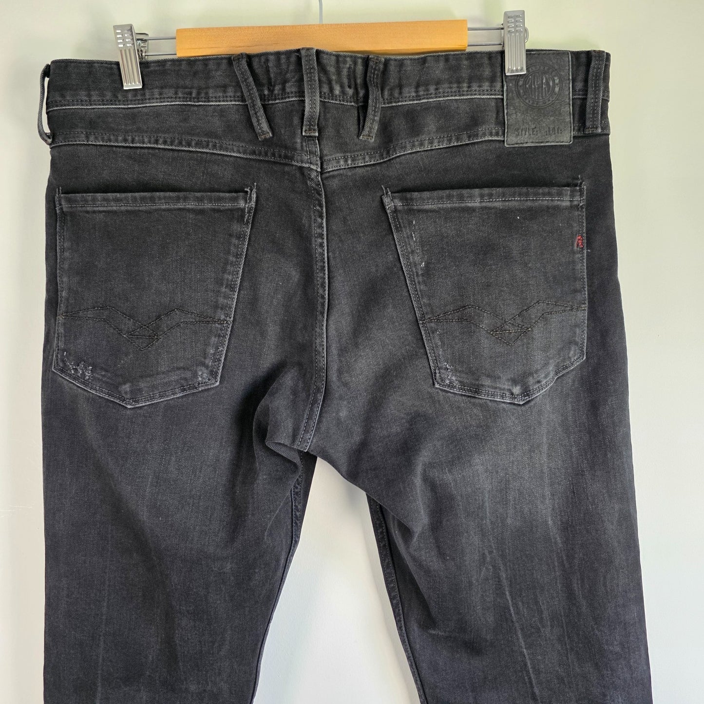 Replay Anbass Jeans Mens W36 L32 Black Stretch Denim Slim Fit Designer
