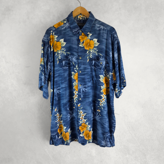Van Heusen Hawaiian Shirt Men L Blue Floral Short Sleeve Summer Holiday Rayon