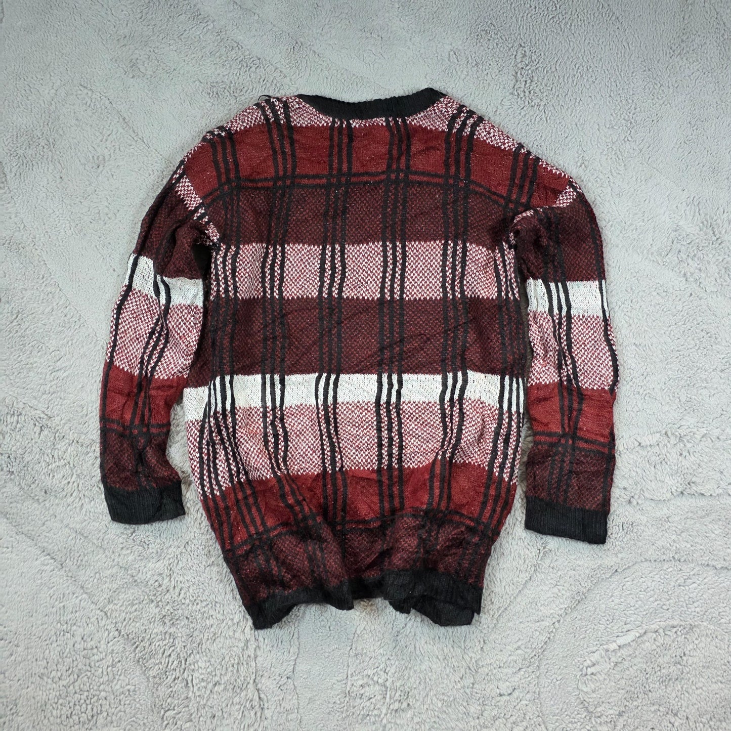 Cloud Chaser Plaid Knit Cardigan Women’s M Burgundy Check