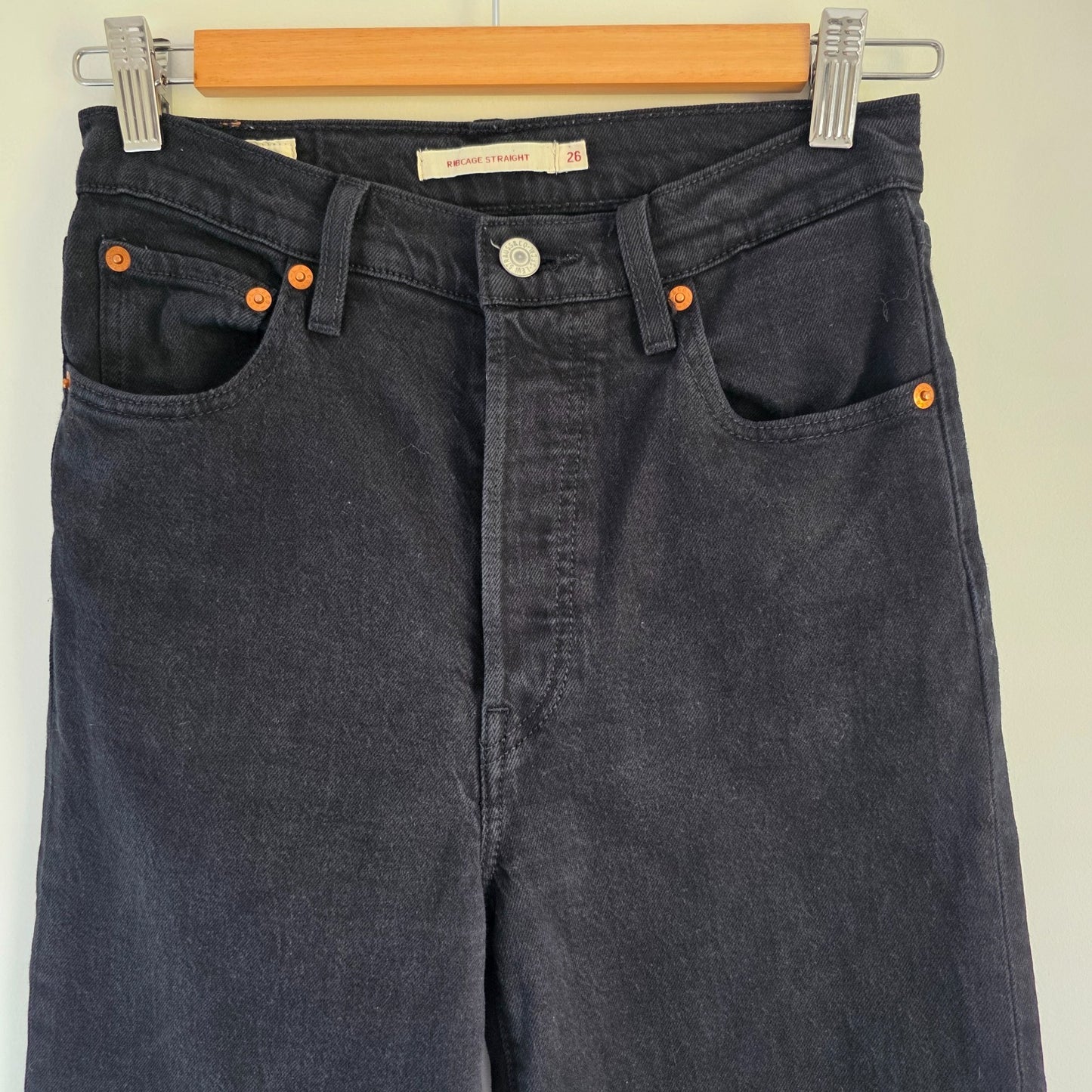 Levi's Ribcage Straight Jeans W27 L27 Black High Rise Women's Denim Trousers