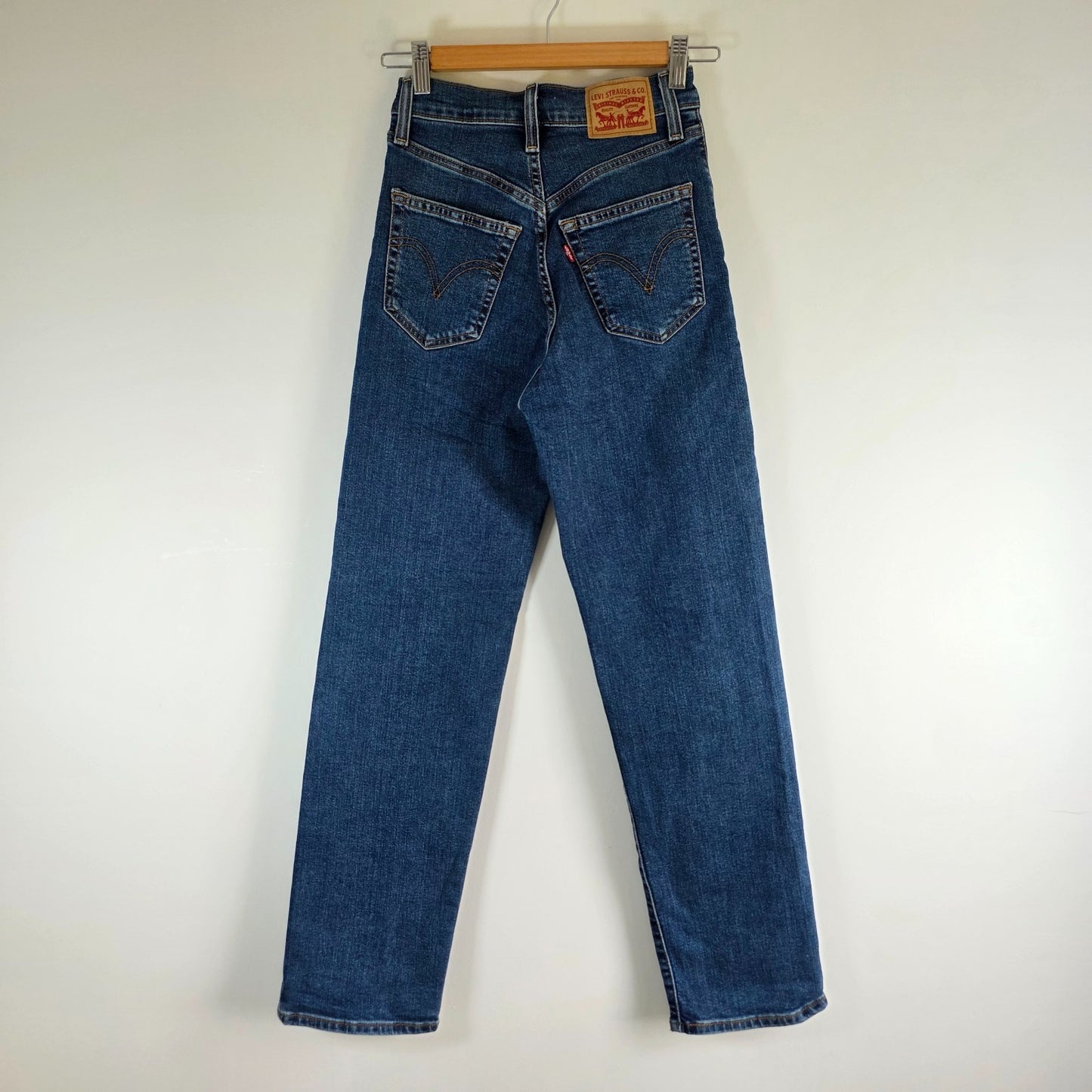 Levi's Ribcage Straight Jeans Women's W24 L30 Blue High Rise Stretch Denim Butto