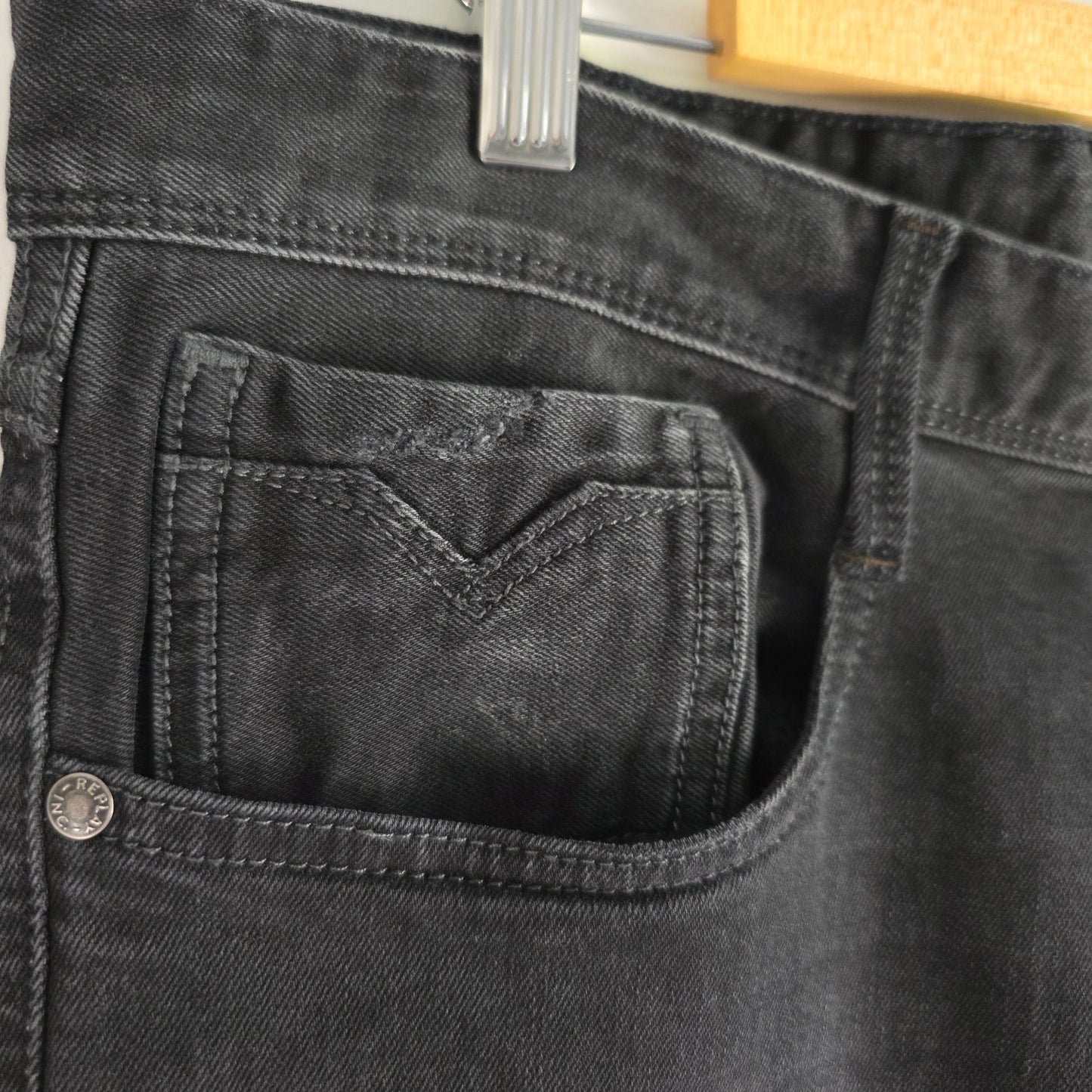 Replay Anbass Jeans Mens W36 L32 Black Stretch Denim Slim Fit Designer