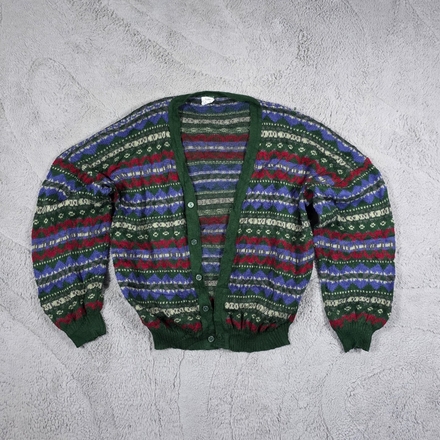 Vintage Multicolour Patterned Knit Cardigan Women’s S Green Blue Red