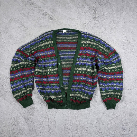 Vintage Multicolour Patterned Knit Cardigan Women’s S Green Blue Red