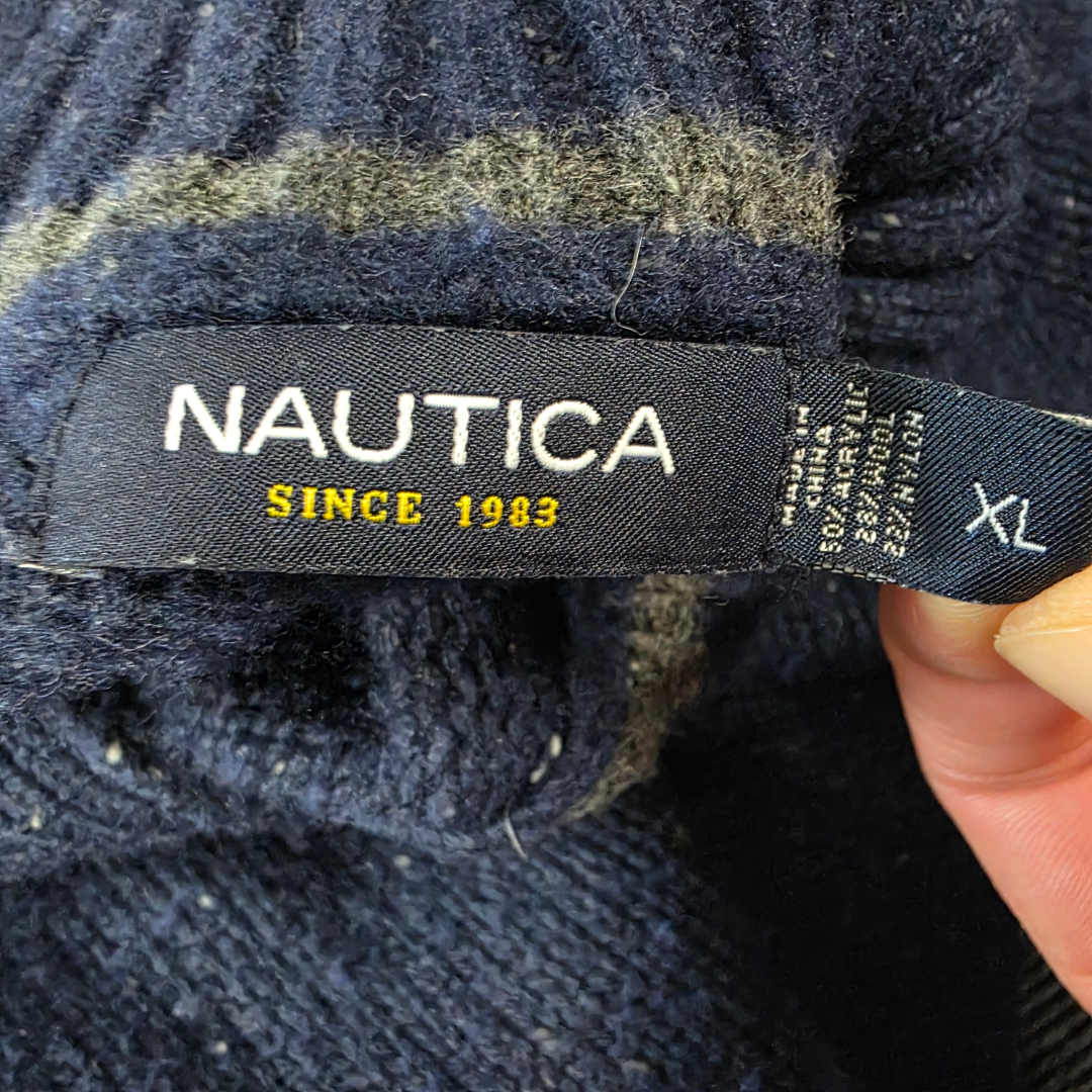 Nautica Button Neck Jumper XL Blue Fleck Knit Wool Blend Men’s Pullover