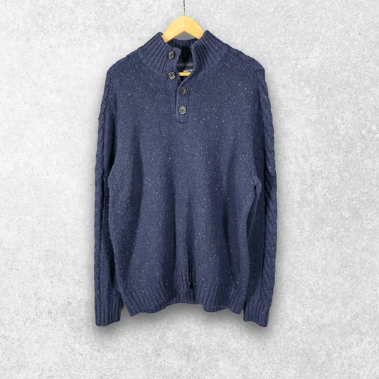 Nautica Button Neck Jumper XL Blue Fleck Knit Wool Blend Men’s Pullover