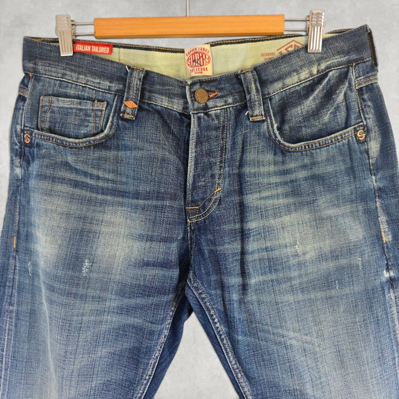 Superdry Copper Label Selvedge Jeans W34 L32 Blue Slim Taper Italian Tailored