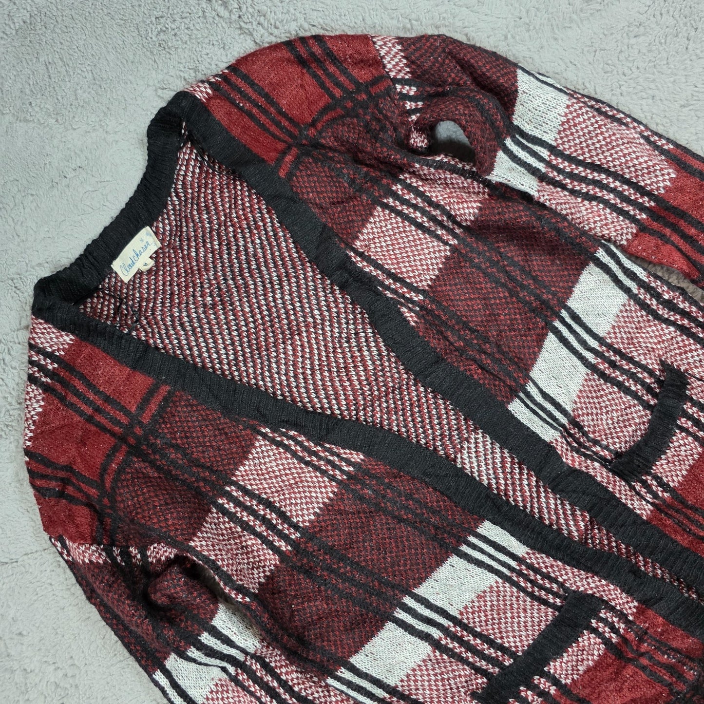 Cloud Chaser Plaid Knit Cardigan Women’s M Burgundy Check