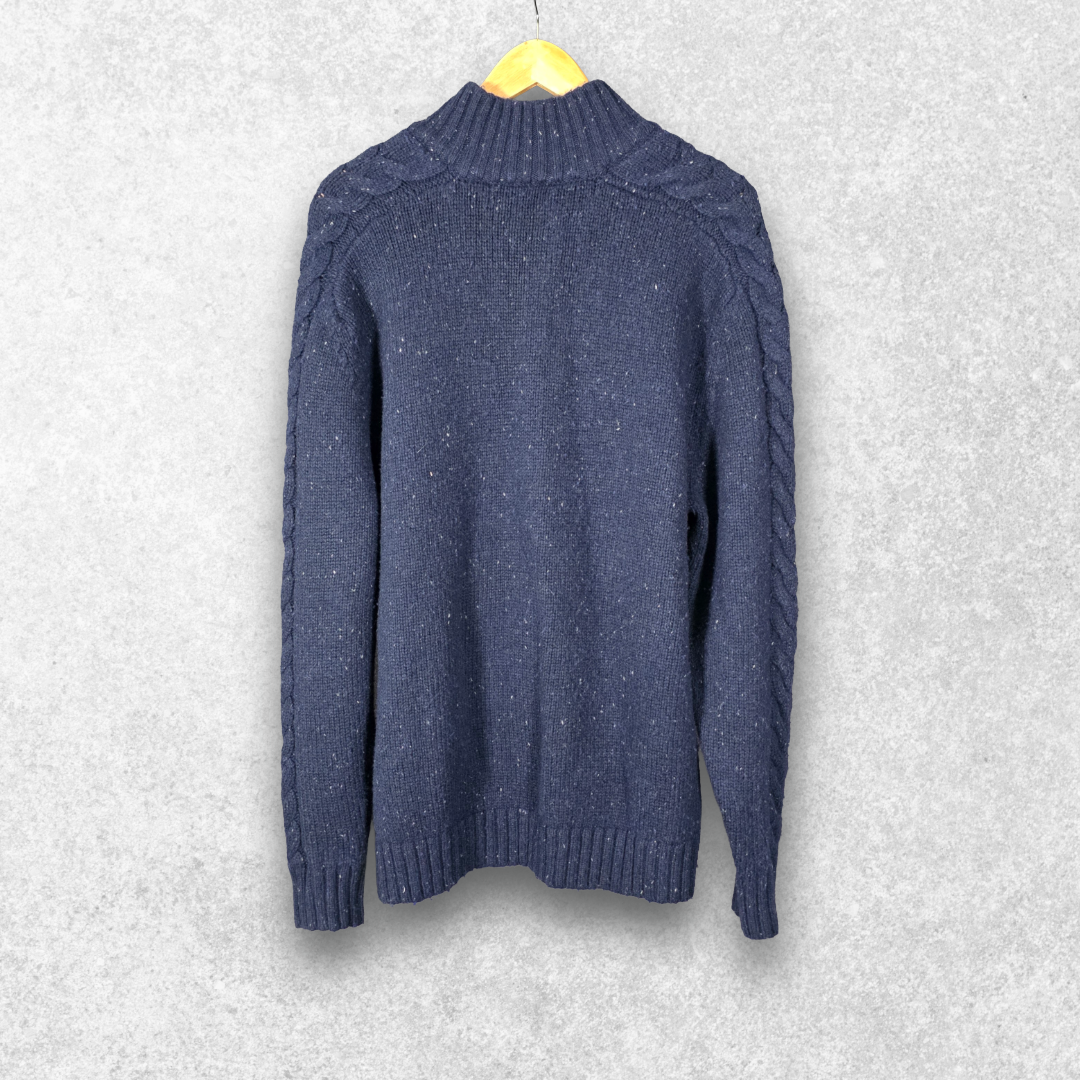 Nautica Button Neck Jumper XL Blue Fleck Knit Wool Blend Men’s Pullover