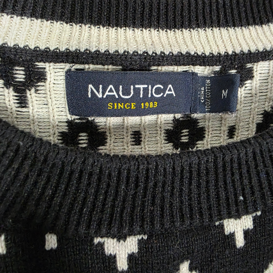 Nautica Geometric Knit Jumper Mens M Black Cream Cotton Crew Neck Pullover