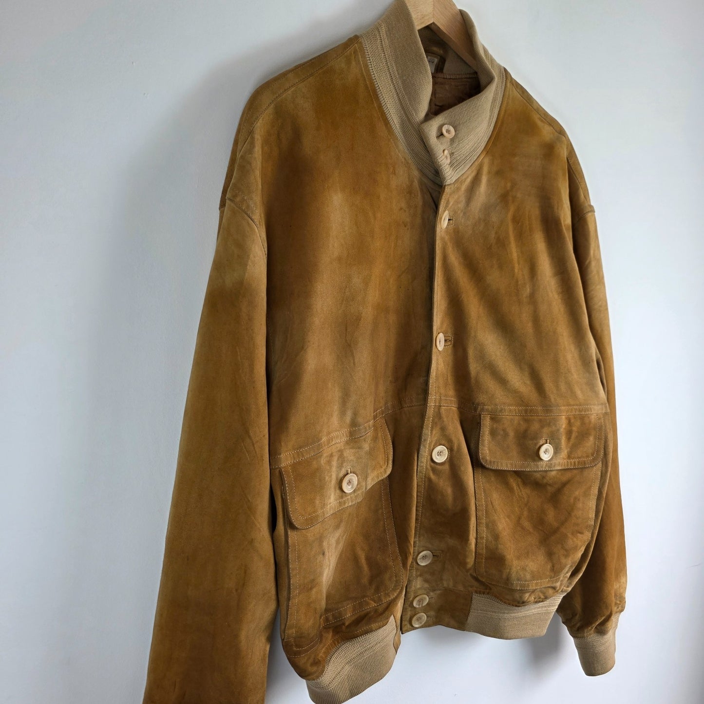 Vintage Suede Bomber Jacket Beige Mens L EU 50 Leather Classic Ribbed