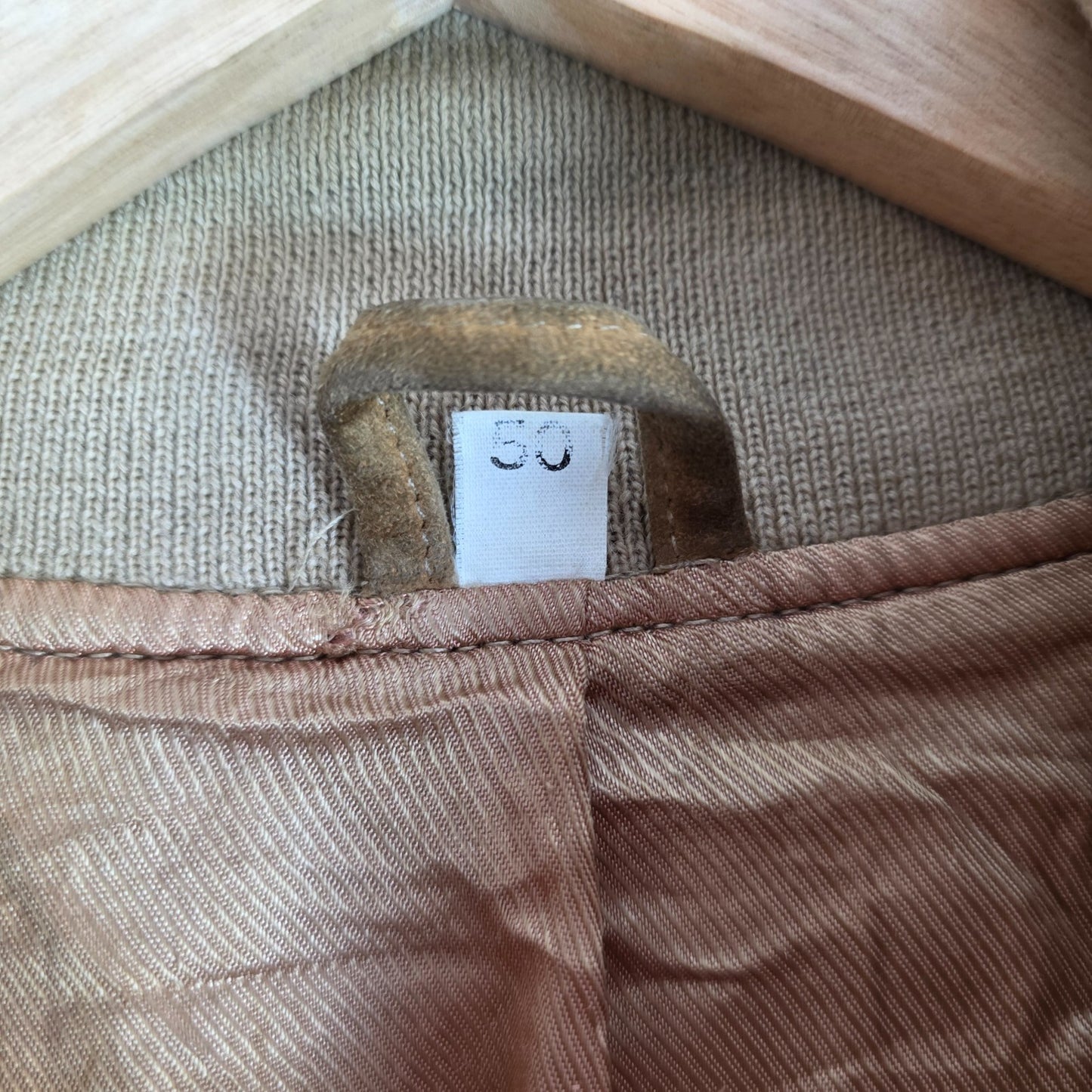 Vintage Suede Bomber Jacket Beige Mens L EU 50 Leather Classic Ribbed