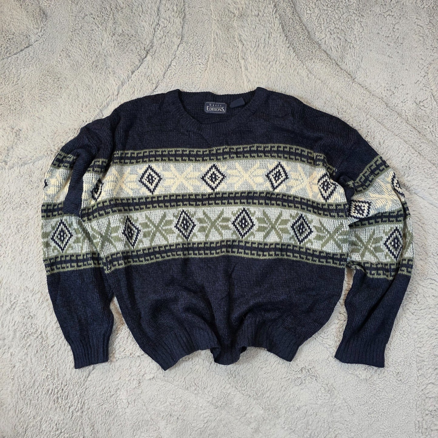 Vintage Basic Editions Patterned Knit Sweater Men’s Large Retro Pullover