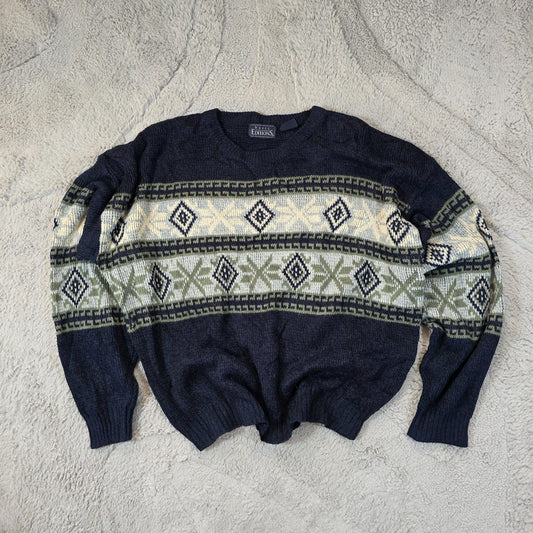 Vintage Basic Editions Patterned Knit Sweater Men’s Large Retro Pullover