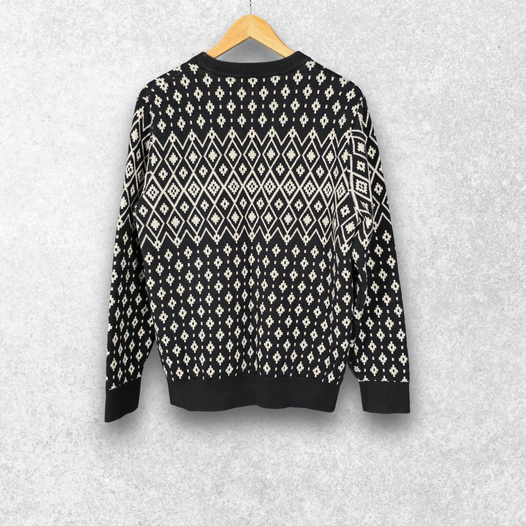 Nautica Geometric Knit Jumper Mens M Black Cream Cotton Crew Neck Pullover