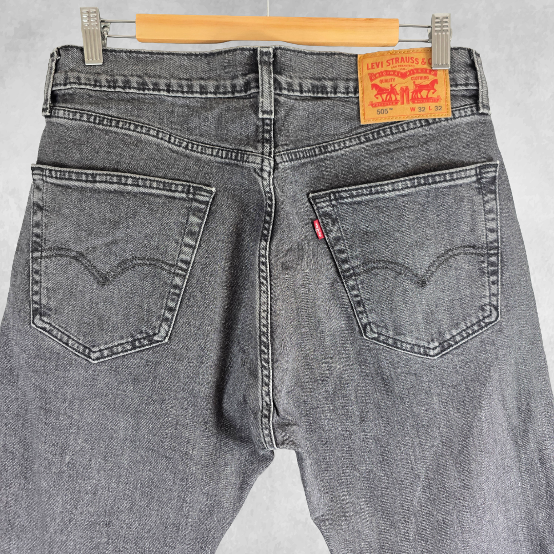 Levi’s 505 Straight Jeans Men’s W32 L32 Washed Black Denim Stretch Regular Fit