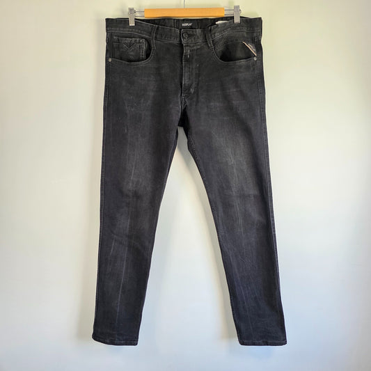 Replay Anbass Jeans Mens W36 L32 Black Stretch Denim Slim Fit Designer