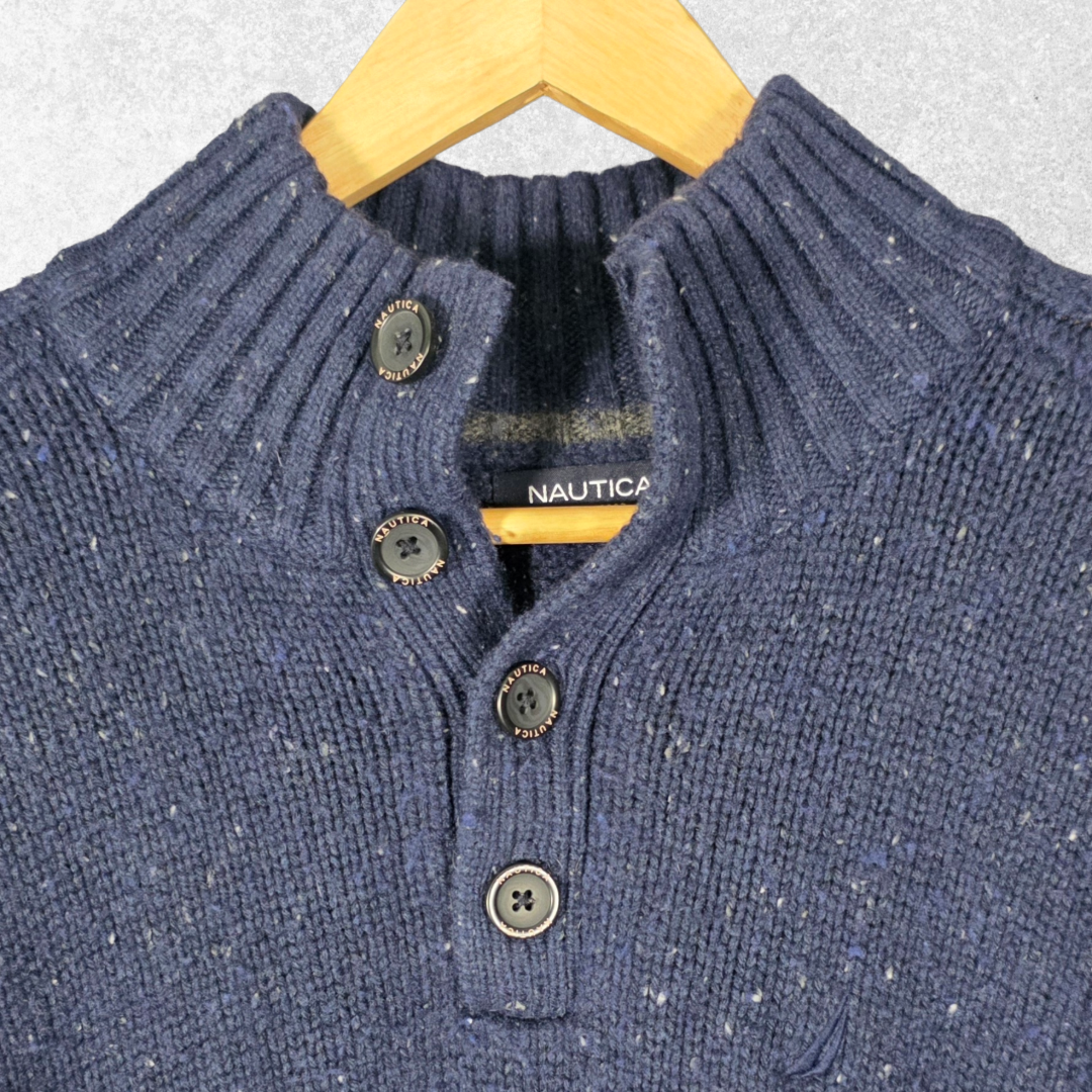 Nautica Button Neck Jumper XL Blue Fleck Knit Wool Blend Men’s Pullover