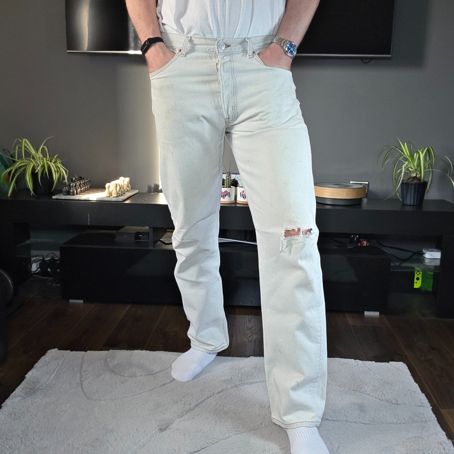 Levi’s 501 USA Made White Straight Jeans W34 L32 Distressed / Paint Marks