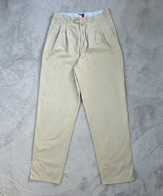 Tommy Hilfiger Vintage Y2K Hong Kong Pleated Chinos Beige 100% Cotton W33 L35