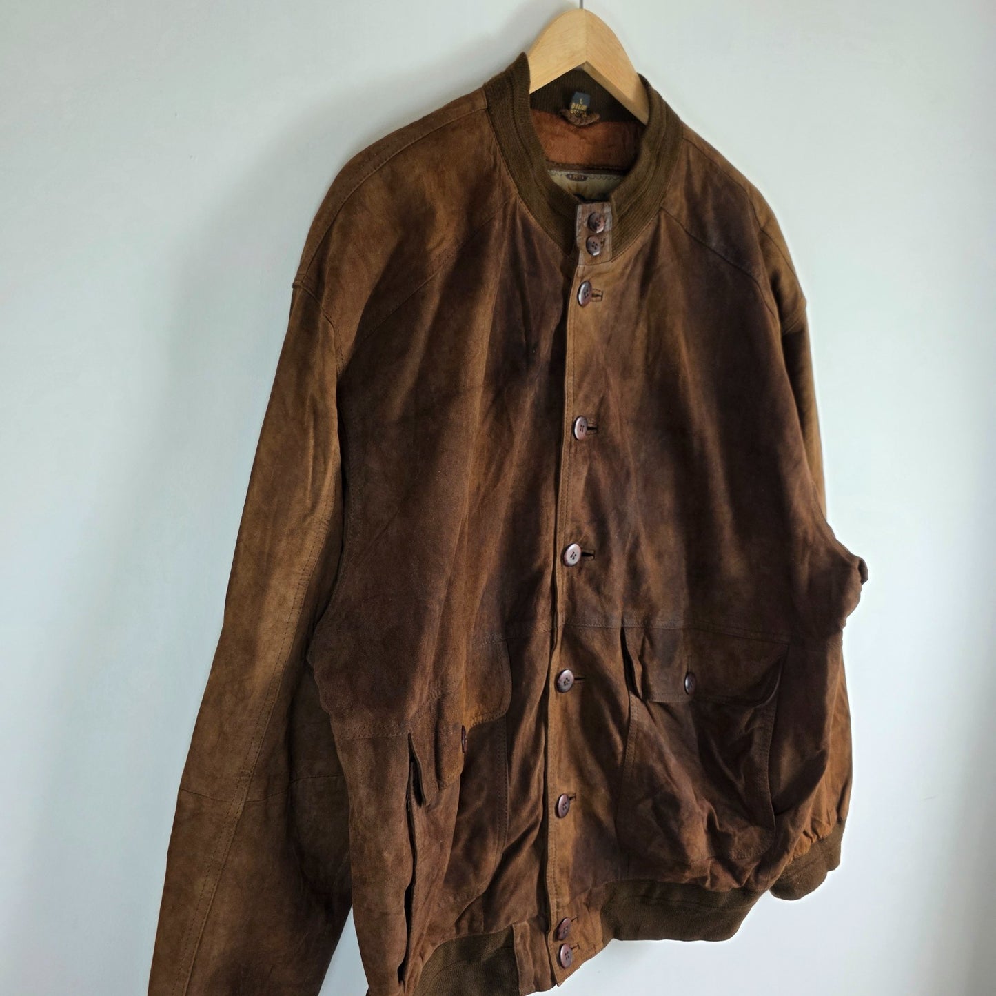 Vintage Suede Bomber Jacket Brown Mens L Germany Leather Classic Ribbed