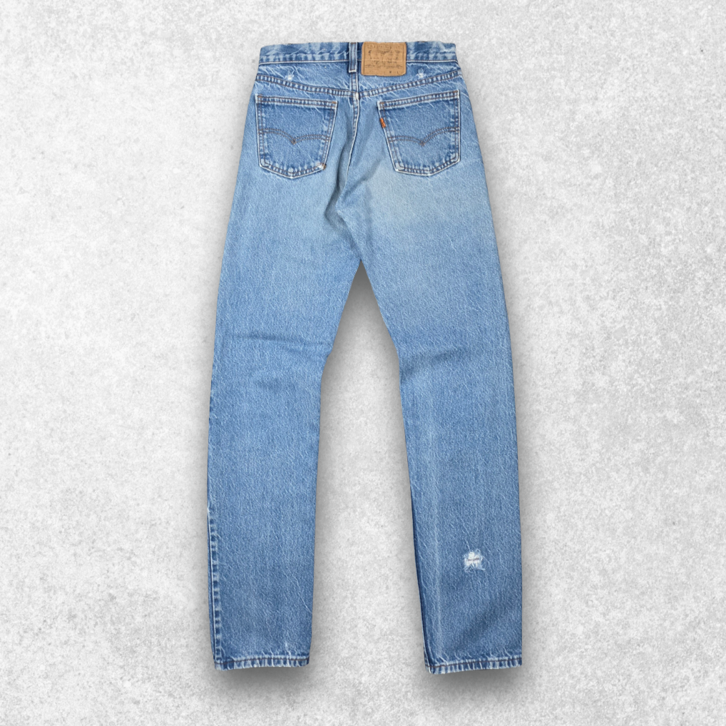 Vintage Levi’s Orange Tab Jeans W28 L34 (W29 L36 Tag) Blue Tapered Leg USA Style