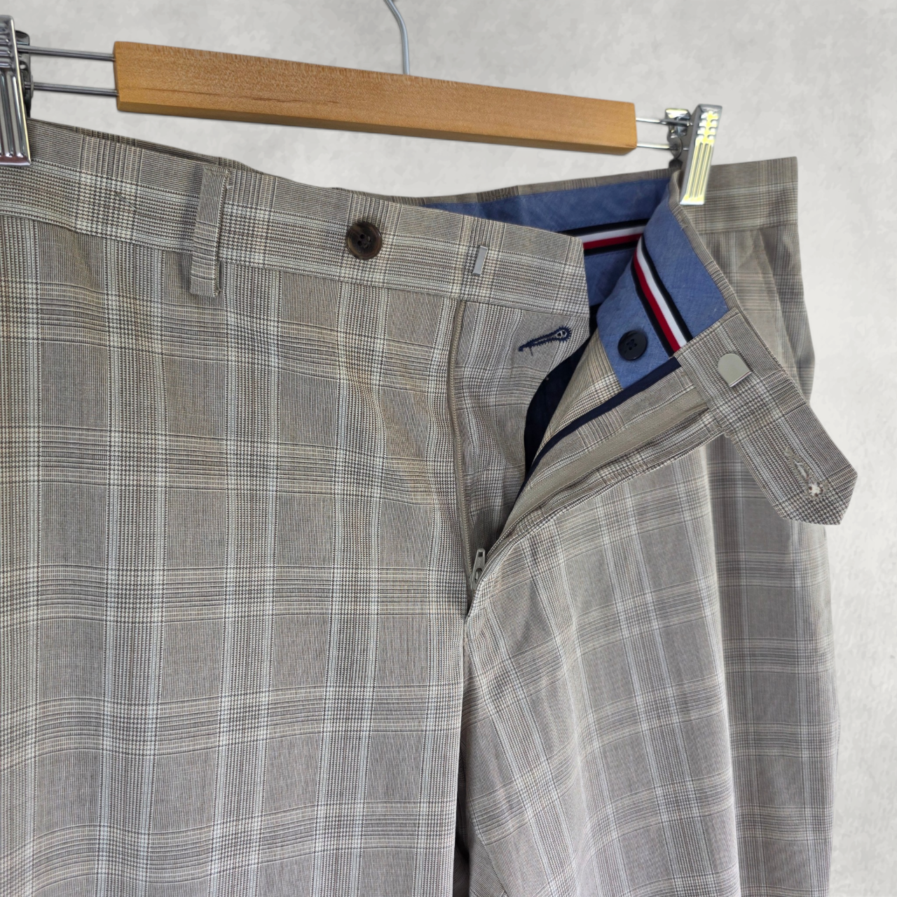 Tommy Hilfiger Men’s Check Smart Trousers W36 L30 Beige Slim Tailored Office